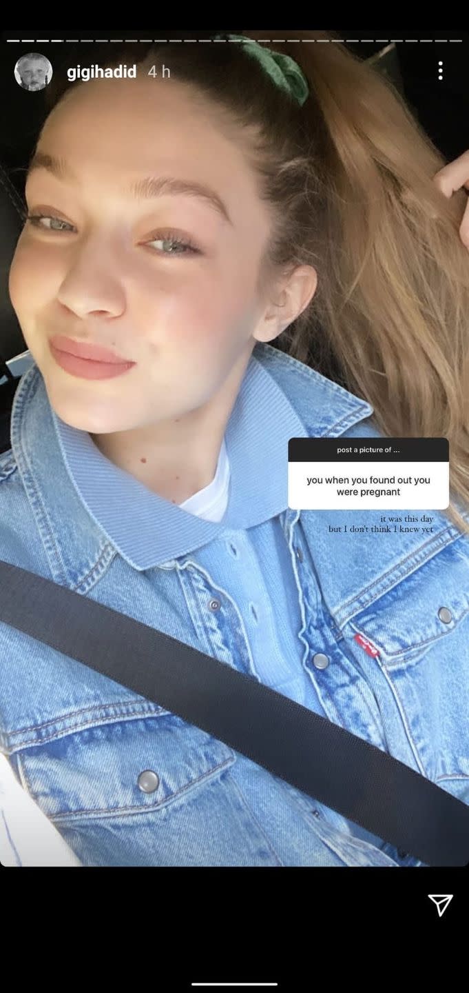 <p>Following in the digital footsteps of the likes of Kylie Jenner and Hailey Bieber, Gigi Hadid is closing out the year with an Instagram Q&A Photo Dive. The trend that sees celebrities and influencers respond to almost any question with a photo answer has been growing in popularity over the last few weeks. </p><p> In response to a question about when she found out about her pregnancy, Hadid posted a fresh faced car snap of herself, dressed in a light denim jacket over a preppy blue polo shirt.</p><p>The mum of one captioned the photo with 'It was this day but I don't think I knew yet' referring to the time before she discovered she was pregnant with her first child.</p>