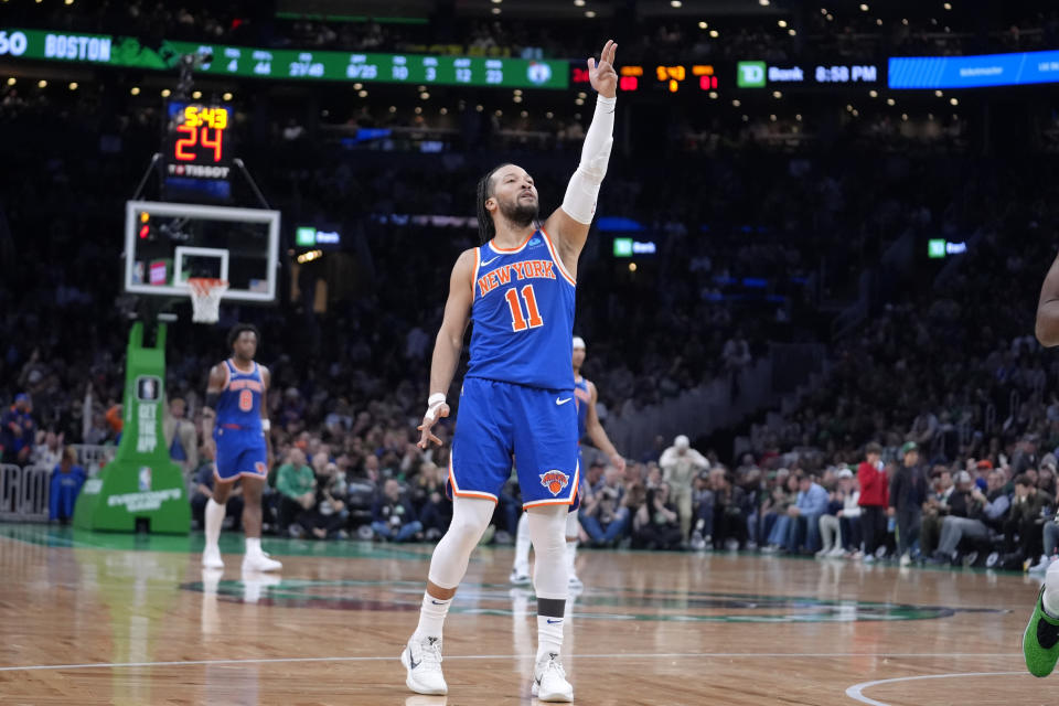 New York Knicks guard Jalen Brunson celebrates after scoring against the Boston Celtics during the second half of an NBA basketball game Thursday, April 11, 2024, in Boston. (AP Photo/Steven Senne)