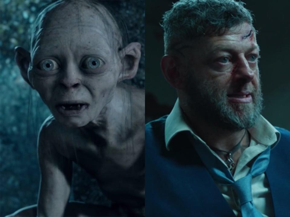 On the left: Gollum in "The Lord of the Rings: The Two Towers." On the right: Andy Serkis as Ulysses Klaue in "Black Panther."