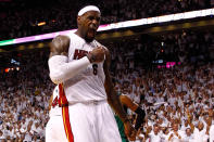 MIAMI, FL - MAY 30: LeBron James #6 of the Miami Heat reacts in the second half against the Boston Celtics in Game Two of the Eastern Conference Finals in the 2012 NBA Playoffs on May 30, 2012 at American Airlines Arena in Miami, Florida. NOTE TO USER: User expressly acknowledges and agrees that, by downloading and or using this photograph, User is consenting to the terms and conditions of the Getty Images License Agreement. (Photo by Mike Ehrmann/Getty Images)