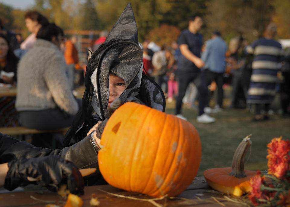 In this Saturday, Oct. 26, 2019 photo a little girl pulls on her hat while her mother carves a Halloween pumpkin in Bucharest, Romania. The Halloween Pumpkin Fest, "the biggest pumpkin carving event in Europe", according to organizers, took place over the weekend in a popular park in the Romanian capital with thousands trying their hand at carving more than 30 thousand pumpkins ahead of Halloween.(AP Photo/Vadim Ghirda)