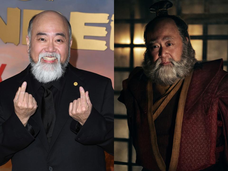 left: paul sun-hyung lee smiling and holding up finger hearts at the avatar premiere, wearing a black suit; right: lee as iroh in avatar, with silver facial hear and a top knot and wearing red robes