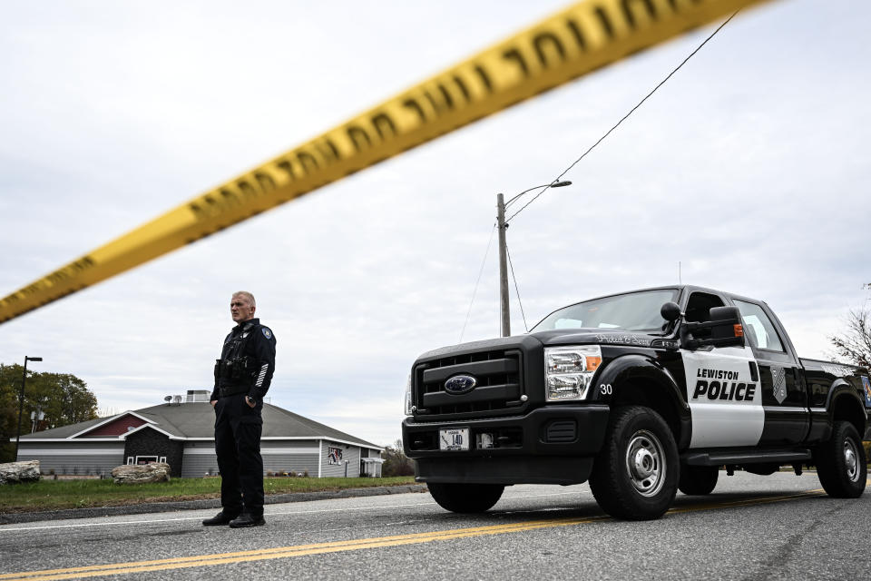 Lewiston, Maine, police at the site where at least 18 people were killed and 13 injured in a mass shooting