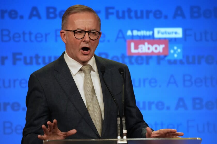 Labor Party leader Anthony Albanese speaks to supporters at a Labor Party event in Sydney, Australia, Sunday, May 22, 2022, after Prime Minister Scott Morrison conceding defeat to Albanese in a federal election. (AP Photo/Rick Rycroft)