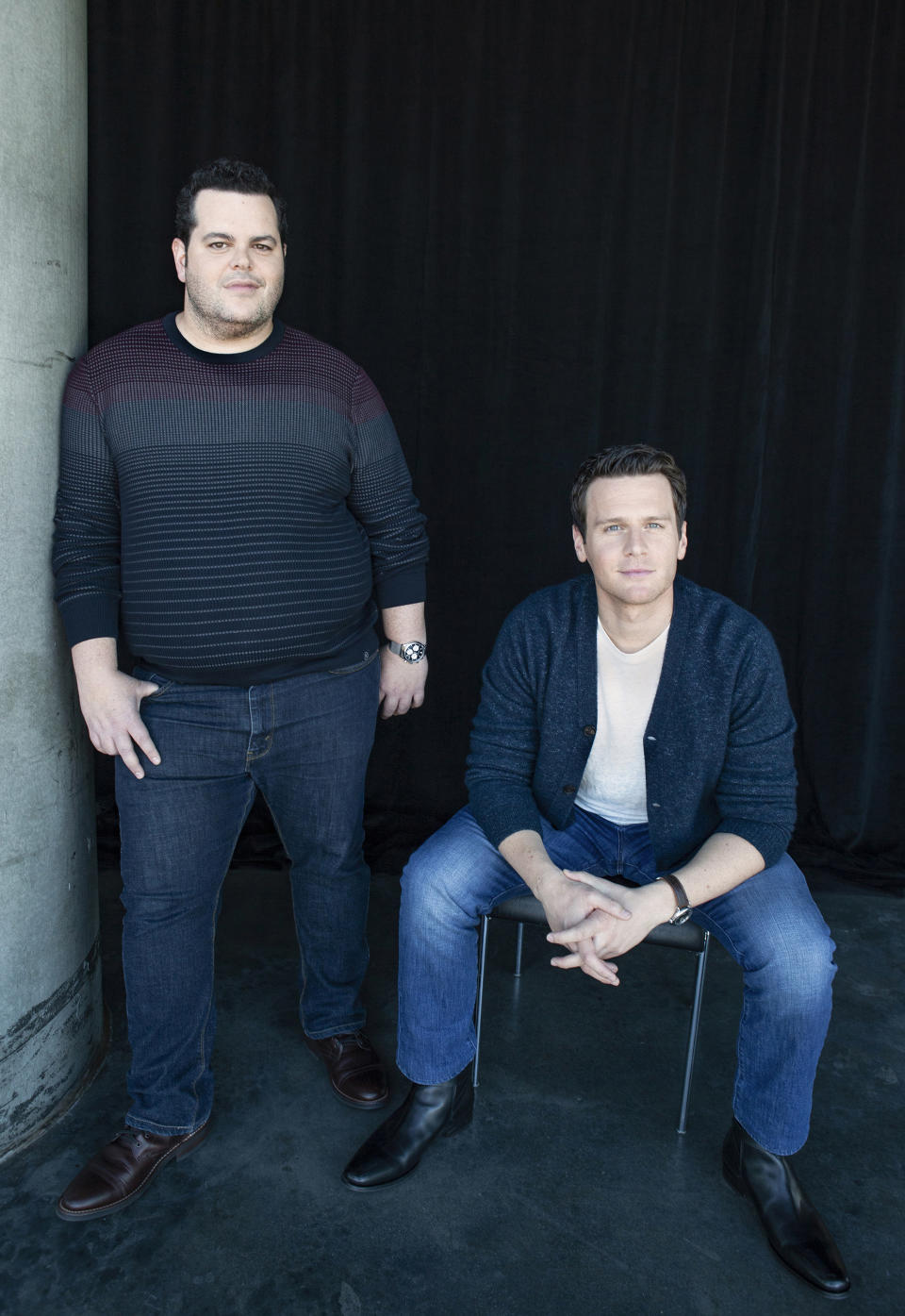 This Nov. 9, 2019 photo shows Jonathan Groff, who voices the character Kristoff, right, and Josh Gad, who voices the character Olaf, at The W Hotel in Los Angeles to promote their film "Frozen 2." (Photo by Rebecca Cabage/Invision/AP)