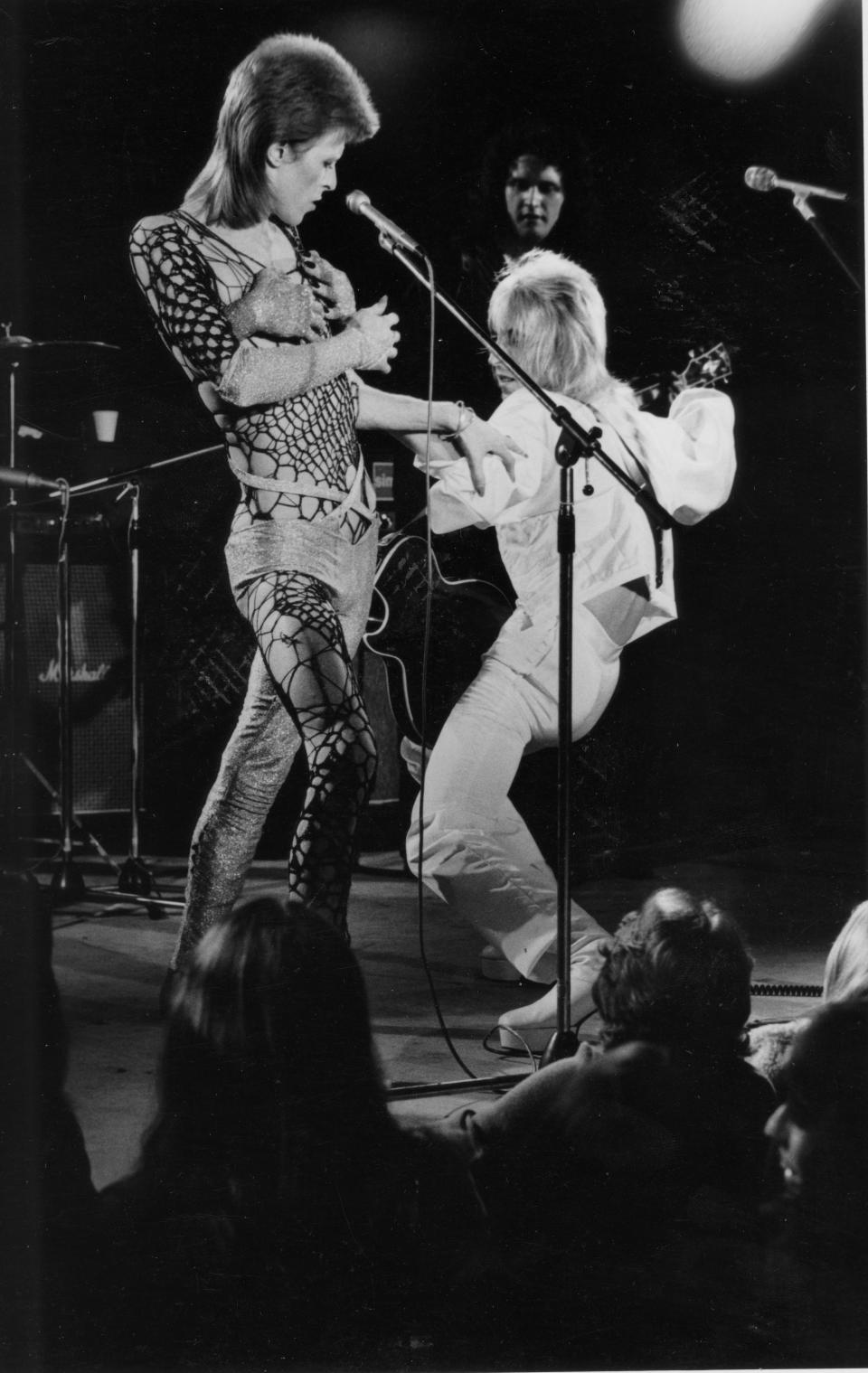 David Bowie and Mick Ronson at the Marquee Club in London, October 1973.