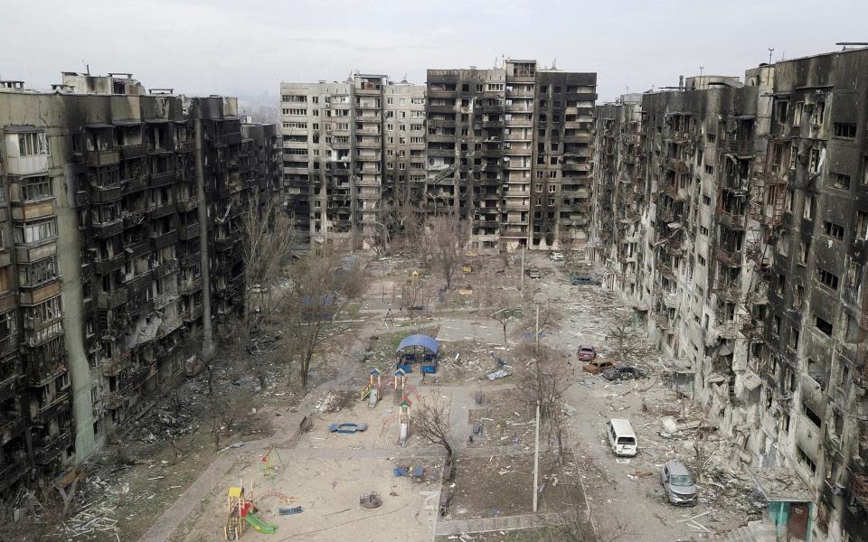 An aerial view shows residential buildings that were damaged during the Ukraine-Russia conflict in the southern port city of Mariupol, Ukraine