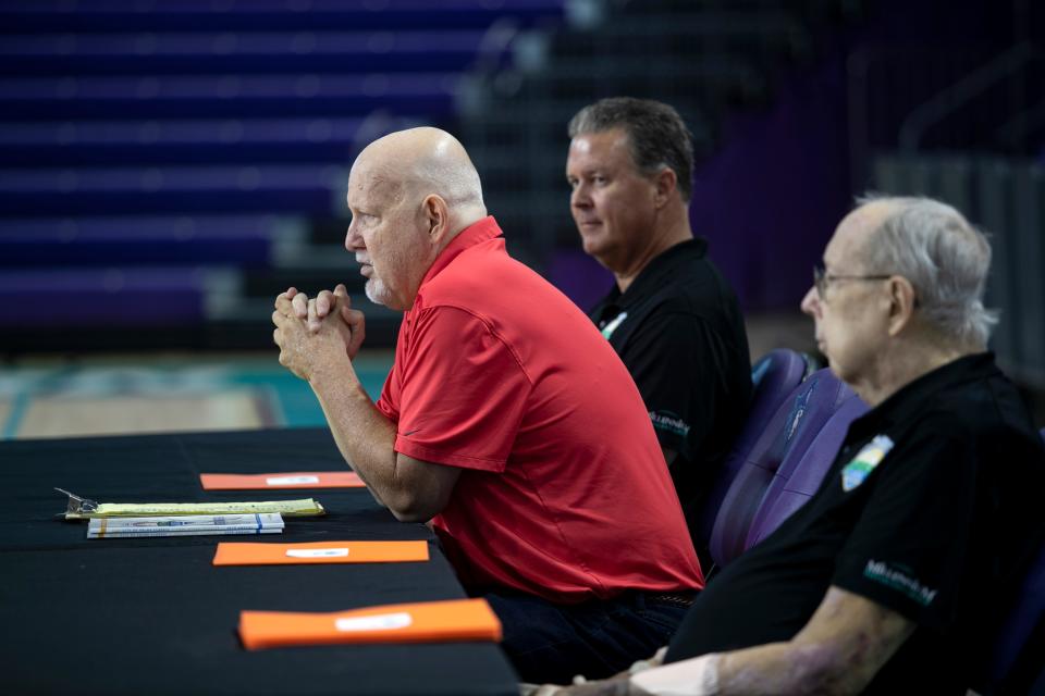 City of Palms tournament director Donnie Wilkie speaks at the press conference announcing the field for this year's City of Palms Classic at Suncoast Credit Union Arena in Fort Myers on Tuesday, Aug. 16, 2022. 