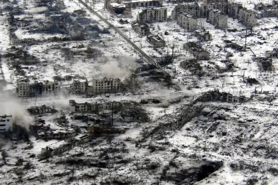 New video footage shot on Feb. 19, 2023 from the air with a drone for The Associated Press shows how particularly intense fighting since the Feb. 24, 2022, invasion has left no building in Marinka intact. The town of Marinka is among those that have been reduced to rubble. It is in Ukraine's eastern Donetsk province, where territory is roughly split between Russian and Ukrainian control. The front line runs through what is left of the town — which is very little. (AP Photo)