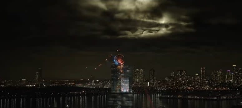 The Statue of Liberty with Captain America's shield in "Spider-Man: No Way Home"