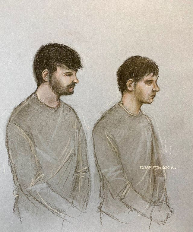 Court artist sketch of Dmitrijus Paulauska (left) and Jake Reeves appearing at Westminster Magistrates’ Court 