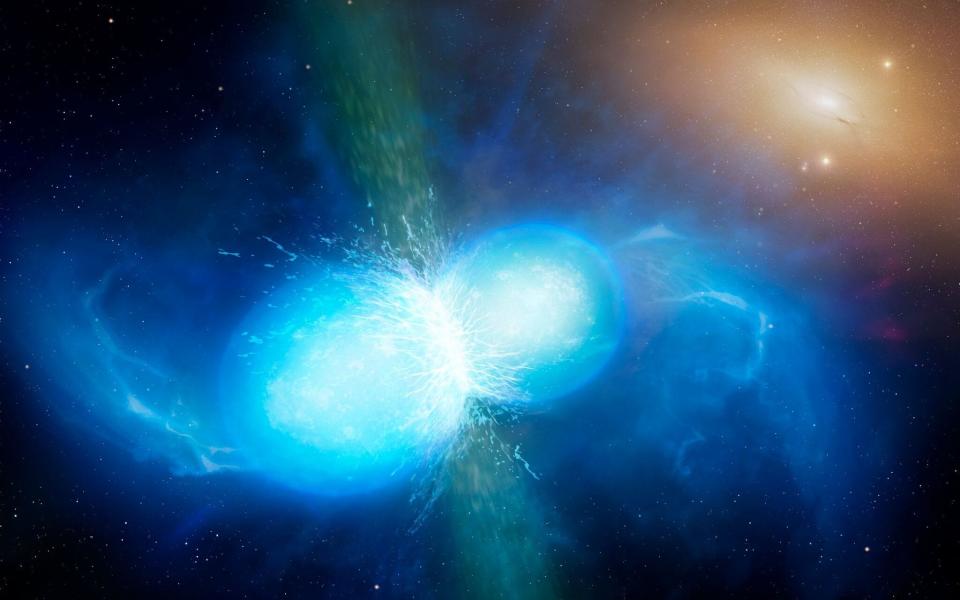 An artists impression showing gold being created as two neutron stars collided  - Mark Garlick: University of Warwick