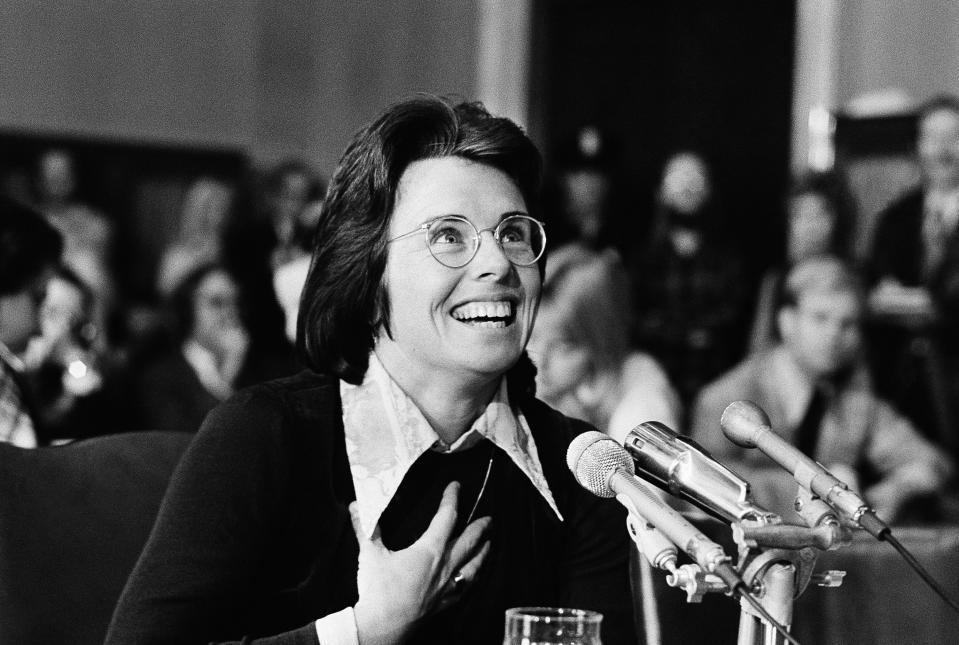 FILE - In this Nov. 9, 1973 file photo, tennis star Billie Jean King speaks about sexual equality before the Senate education subcommittee in Washington, Nov. 9, 1973. (AP Photo/File)