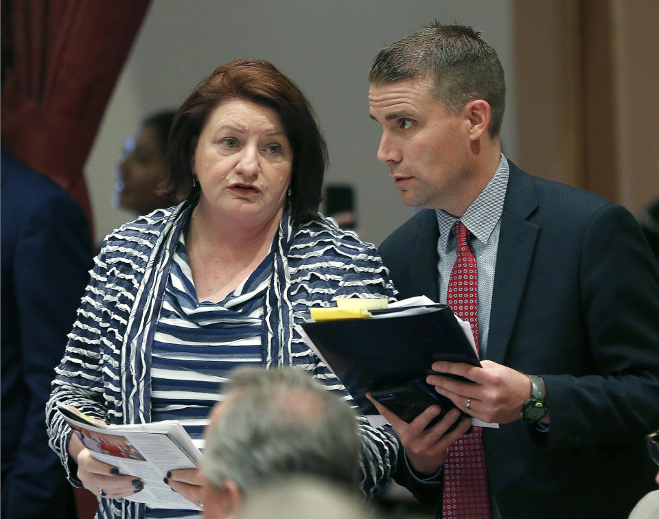 FILE - In this May 2, 2019 file photo, State Sen. Mike McGuire, D-Healdsburg, meets with Senate President Pro Ten Toni Atkins , of San Diego, at the Capitol, in Sacramento, Calif. "We believe that President Trump, if he truly doesn't have anything to hide, should step up and release his tax returns," said McGuire, who is sponsoring a bill that would require presidential candidates to release their tax returns as a condition for appearing on the state ballot. (AP Photo/Rich Pedroncelli, File)