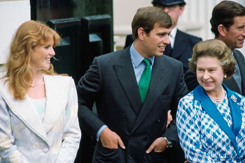 The Duchess Of York (Sarah Ferguson), The Duke Of York (Prince Andrew), The Queen And Prince Charles Outside Clarence House For The Queen Mother's 86th Birthday