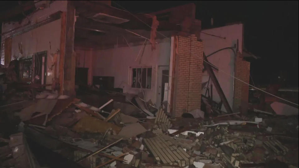 In this image taken from video provided by WSYX, damage from a severe weather system is seen in Lakeview, Ohio, late Thursday, March 14, 2024. (WSYX via AP)