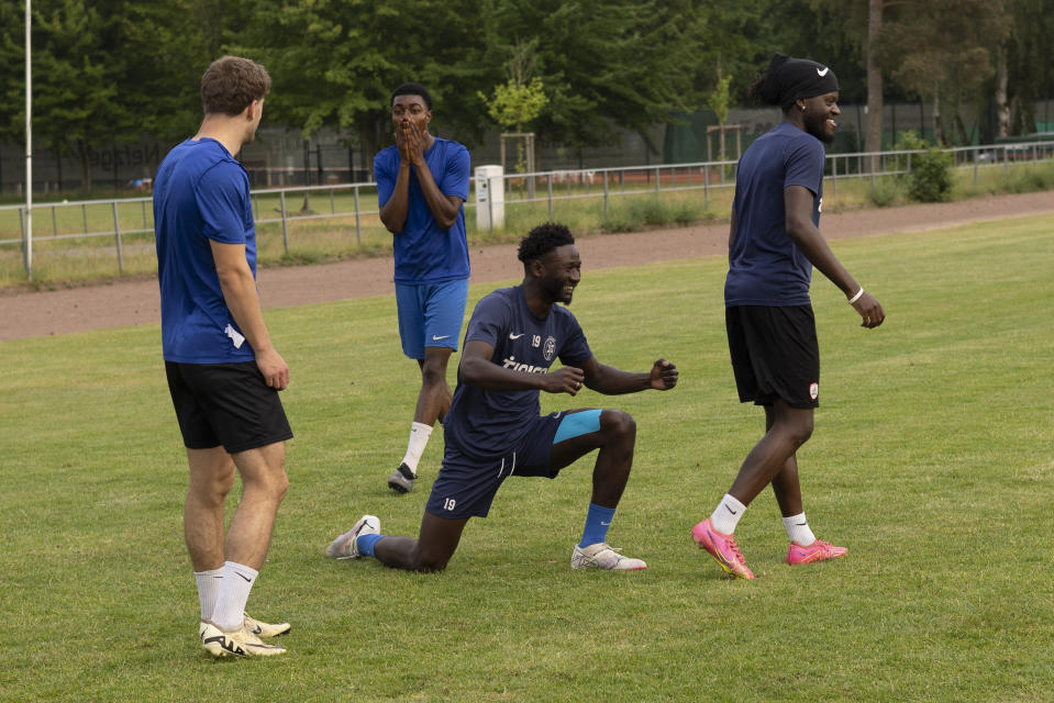 Makkabi Berlin players during training in Berlin, Germany, Tuesday, May 21, 2024. Makkabi became the first Jewish club to play in the German Cup and it's bidding to reach the competition again on Saturday, May 25, when it plays Victoria Berlin in the Berlin Cup final. (AP Photo/Ciaran Fahey)