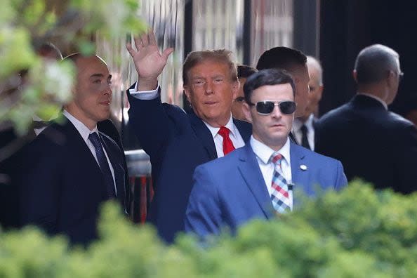 NEW YORK, NEW YORK - APRIL 15: Former President Donald Trump departs Trump Tower en-route to Manhattan Criminal Court on April 15, 2024 in New York City. Jury selections are set to begin in the former president's criminal trial. Trump faces 34 felony counts of falsifying business records in the first of his criminal cases to go to trial. This is the first-ever criminal trial against a former president of the United States. (Photo by Michael M. Santiago/Getty Images)