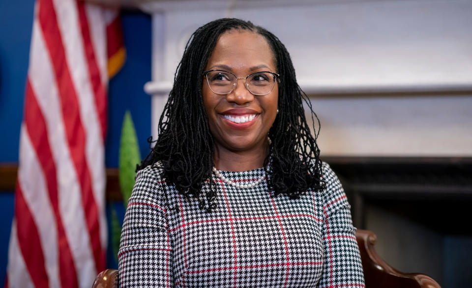 Supreme Court nominee Ketanji Brown Jackson smiles during a meeting with Sen. Tommy Tuberville, R-Ala., in his office at the Capitol in Washington, Tuesday, March 29, 2022. (AP Photo/J. Scott Applewhite) (J. Scott Applewhite / AP)