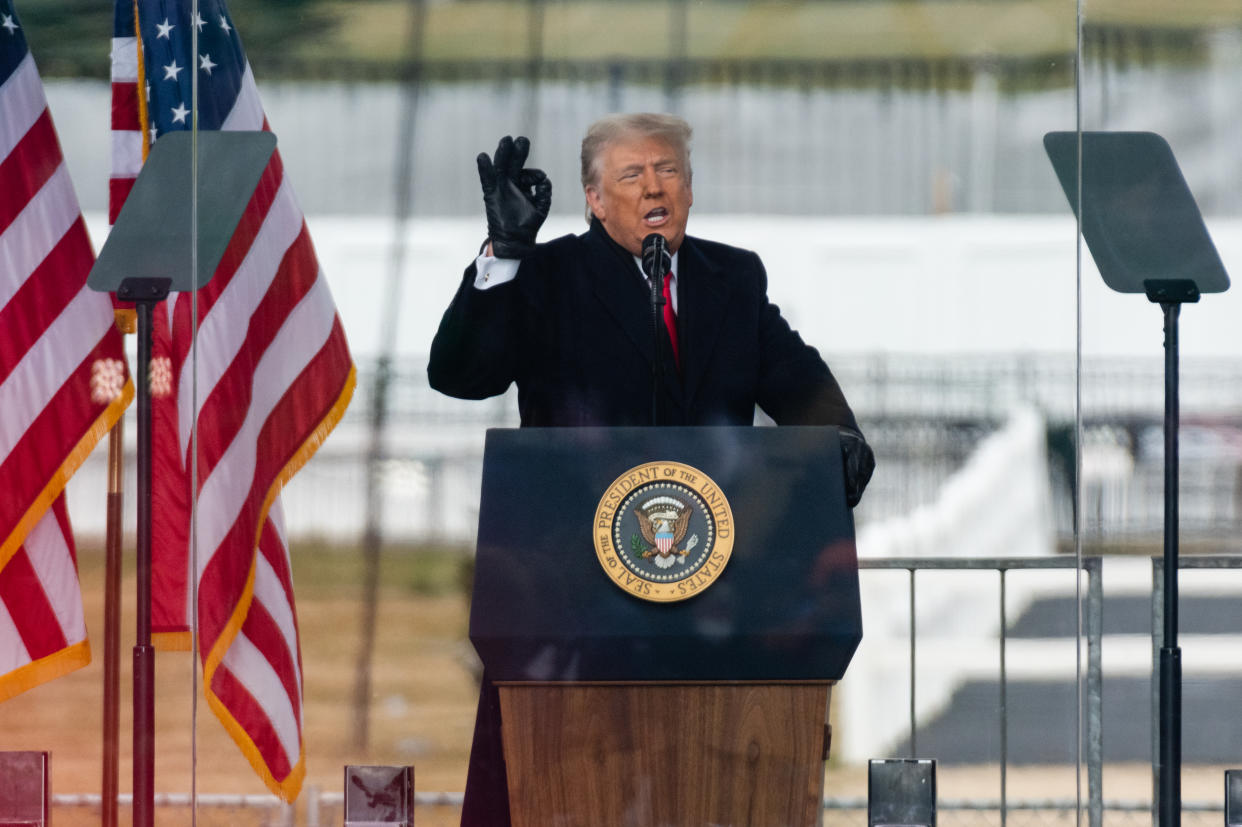 President Trump speaks at the rally just before the Capitol insurrection on Jan. 6, 2021. 