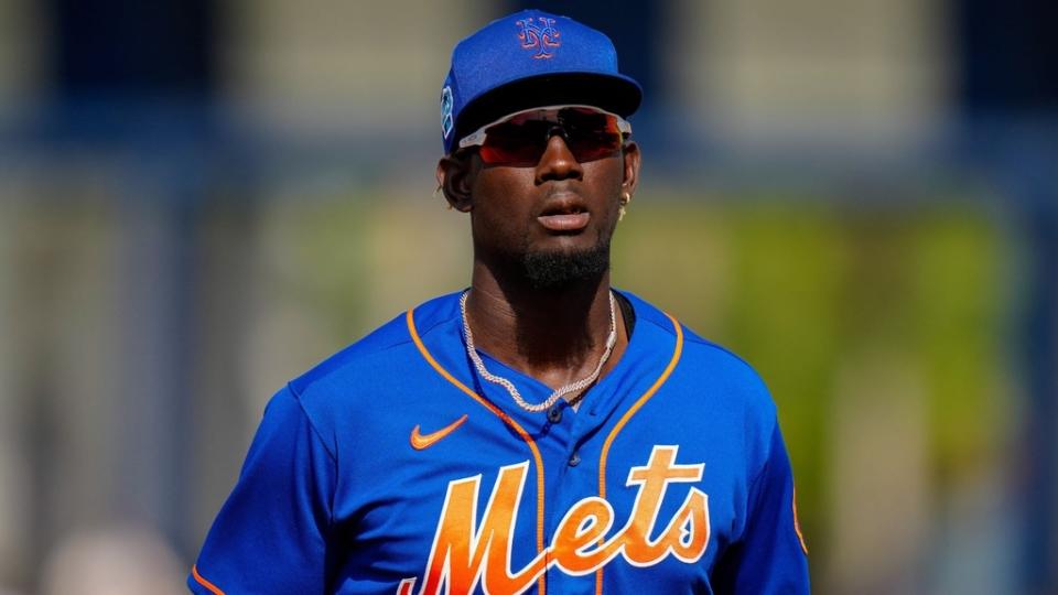 March 3, 2023;  Port St.  Lucie, Florida, USA;  New York Mets shortstop Ronny Mauricio (60) runs off the field against the Washington Nationals during the sixth inning at Clover Park.