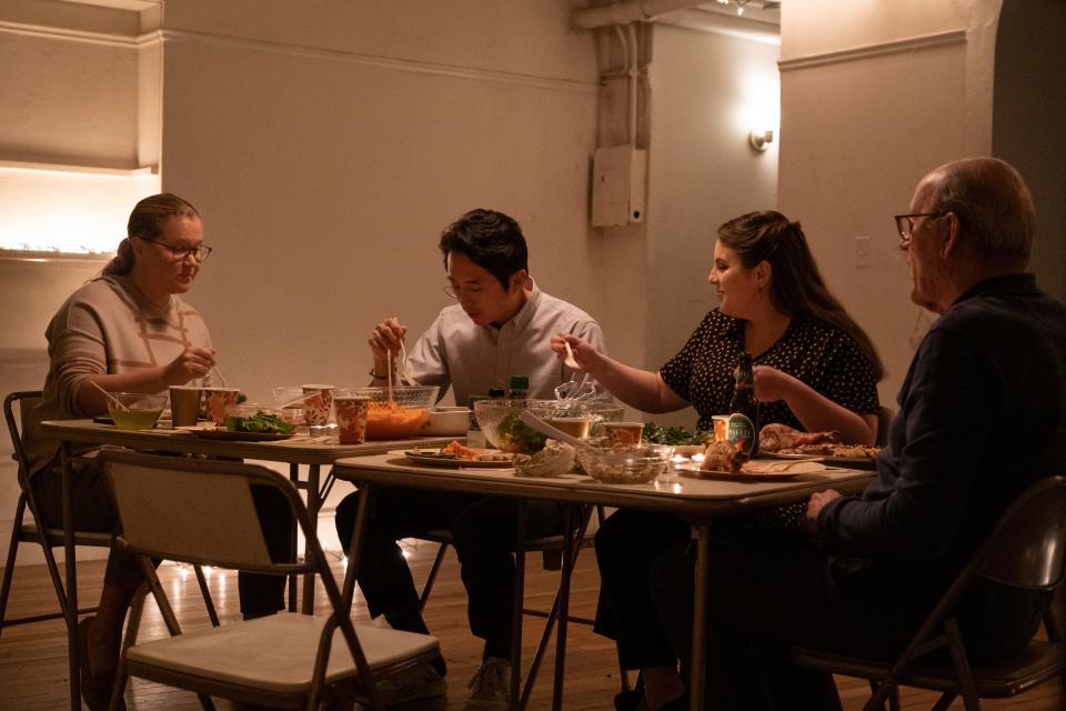 Amy Schumer (far left), Steven Yeun, Beanie Feldstein and Richard Jenkins plays members of a family whose deepest fears bubble to the surface in "The Humans."