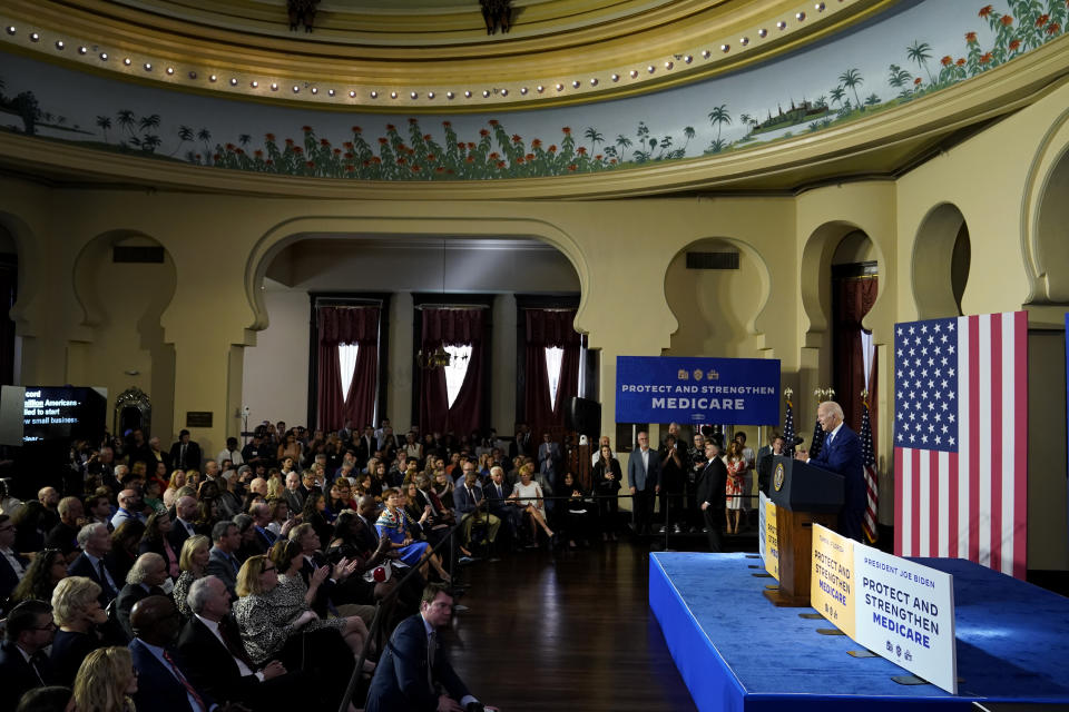 President Joe Biden speaks about his administration's plans to protect Social Security and Medicare and lower healthcare costs, Thursday, Feb. 9, 2023, at the University of Tampa in Tampa, Fla. (AP Photo/Patrick Semansky)