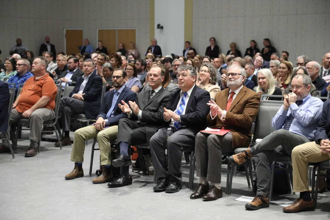 University of Kentucky faculty and staff attend the board of trustees meeting on April 26, 2024. The board heard from nine people opposed to a proposed change to the university’s governance structure, which would move the university senate to an advisory role.
