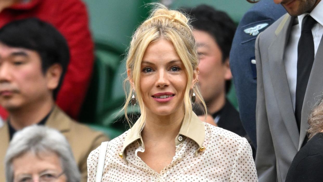 Sienna Miller attends Centre Court on day nine of the Wimbledon Tennis Championships at the All England Lawn Tennis and Croquet Club on July 09, 2024 in London, England. (Photo by Karwai Tang/WireImage)