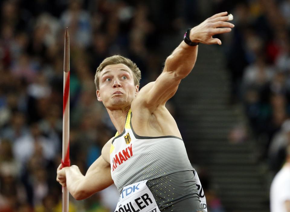 Germany’s Thomas Roehler makes an attempt in the men’s javelin qualification during the World Athletics Championships in London Thursday, Aug. 10, 2017. (AP Photo/Matthias Schrader)