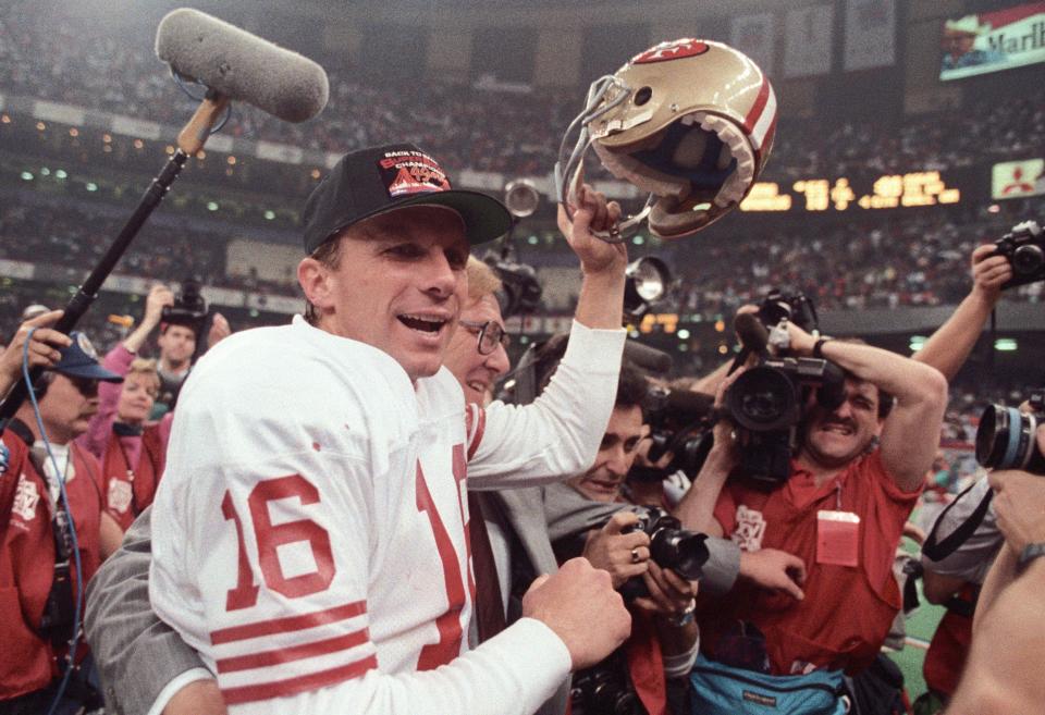 Jan 28, 1990; New Orleans, LA, USA; FILE PHOTO; San Francisco 49ers quarterback Joe Montana (16) on the field after defeating the Denver Broncos during Super Bowl XXIV at the Superdome. The 49ers defeated the Broncos 55-10. Mandatory Credit: Bob Deutsch-USA TODAY Sports