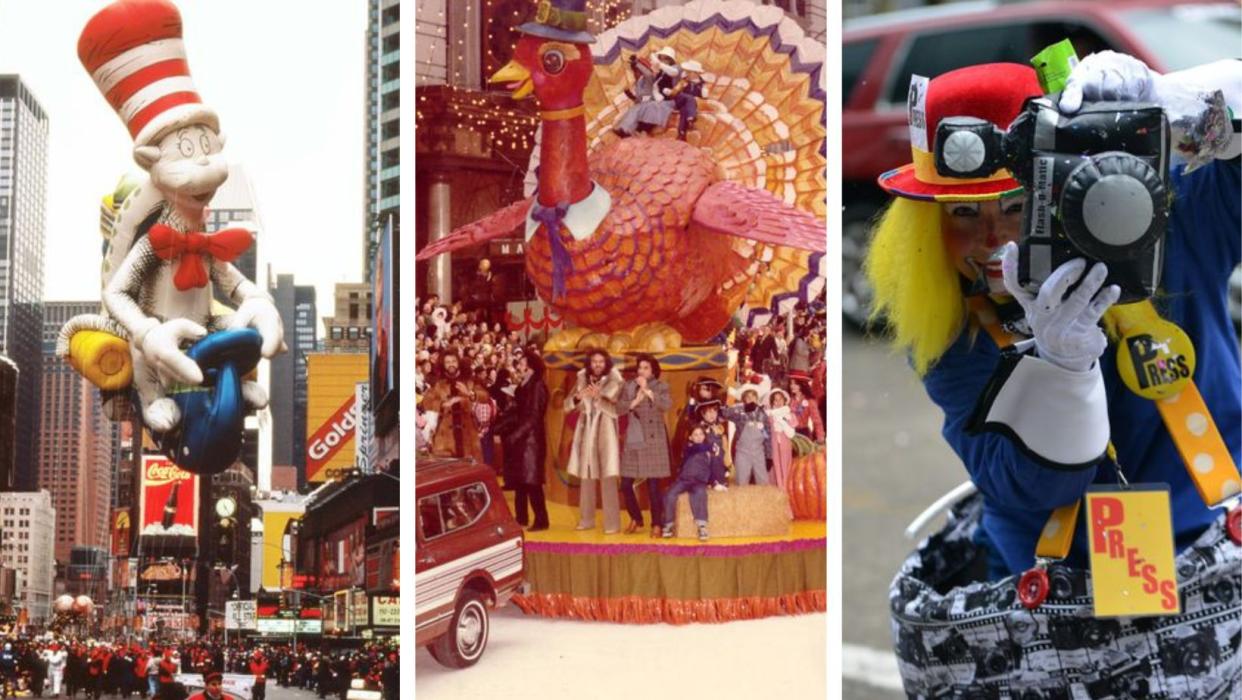 Vintage images of the Macy's Thanksgiving Parade, include the Cat in the Hat Balloon, a turkey shaped float and a clown.