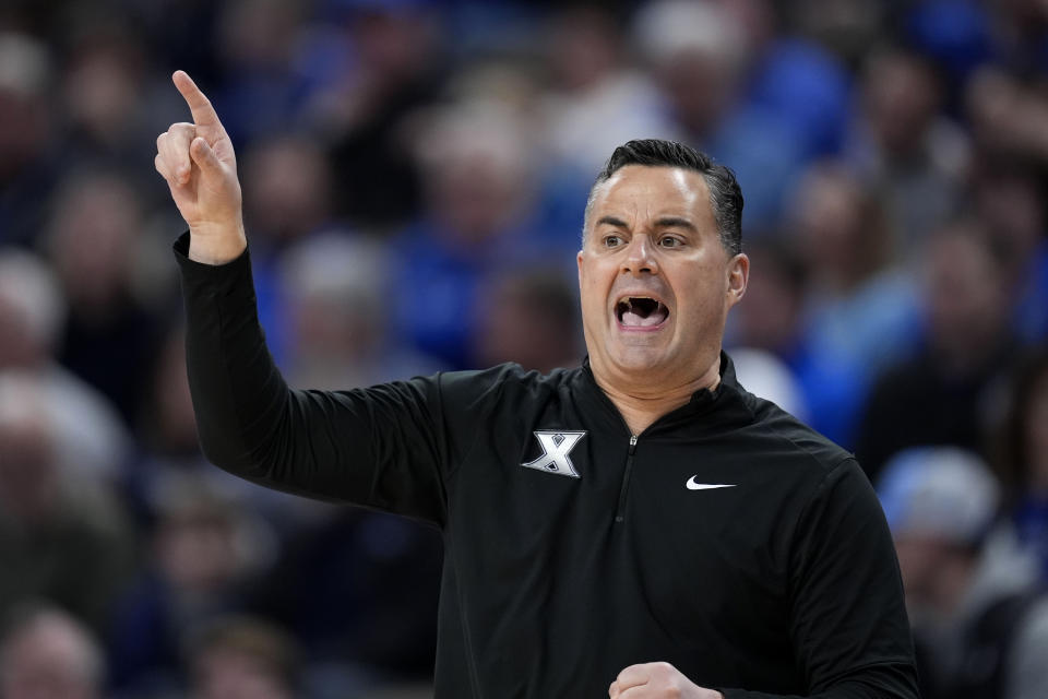 Xavier head coach Sean Miller directs his team during the first half of an NCAA college basketball game against Creighton, Tuesday, Jan. 23, 2024, in Omaha, Neb. (AP Photo/Charlie Neibergall)