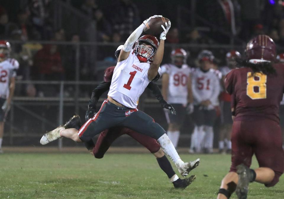 Hueneme's Robert Barrera stretches to make a reception against Valley Christian during a CIF-SS Division 12 semifinal game on Nov. 18.