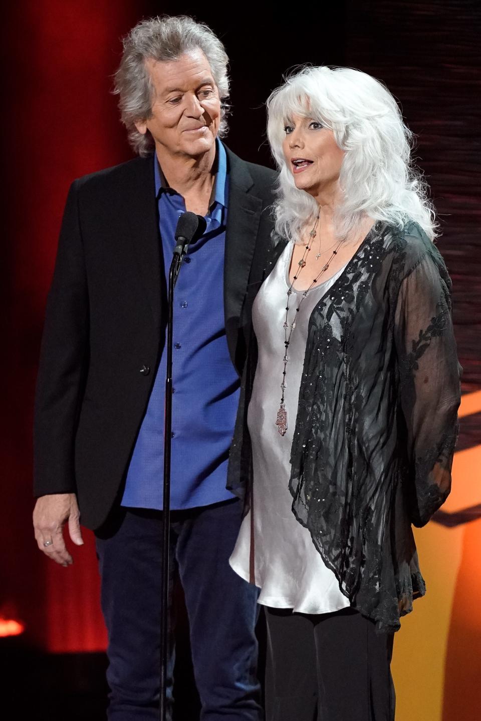 Rodney Crowell and Emmylou Harris speak during the taping of the CMT Giants: Vince Gill special at The Fisher Center for the Performing Arts in Nashville, Tenn., Monday, Sept. 12, 2022.