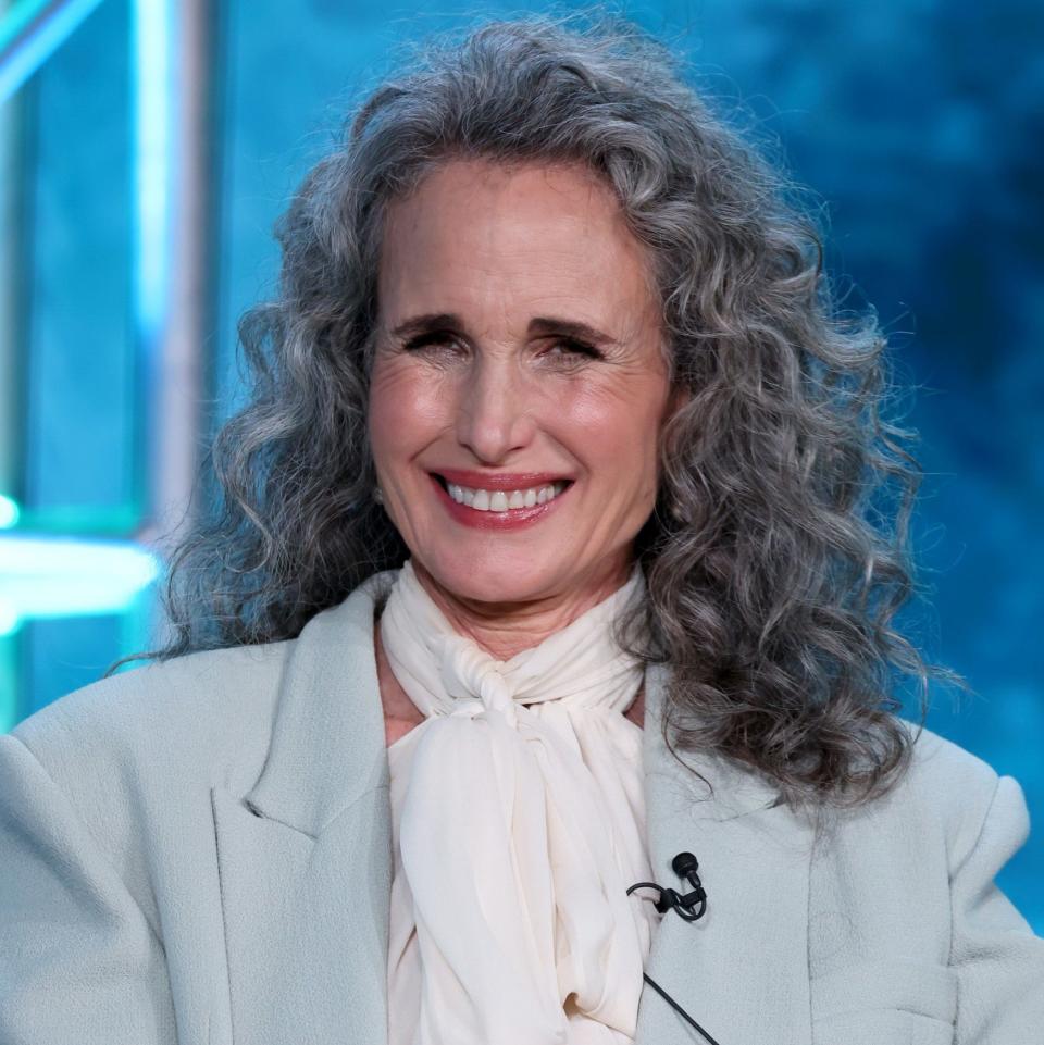 Andie MacDowell speaks on stage in Pasadena, California, 2024