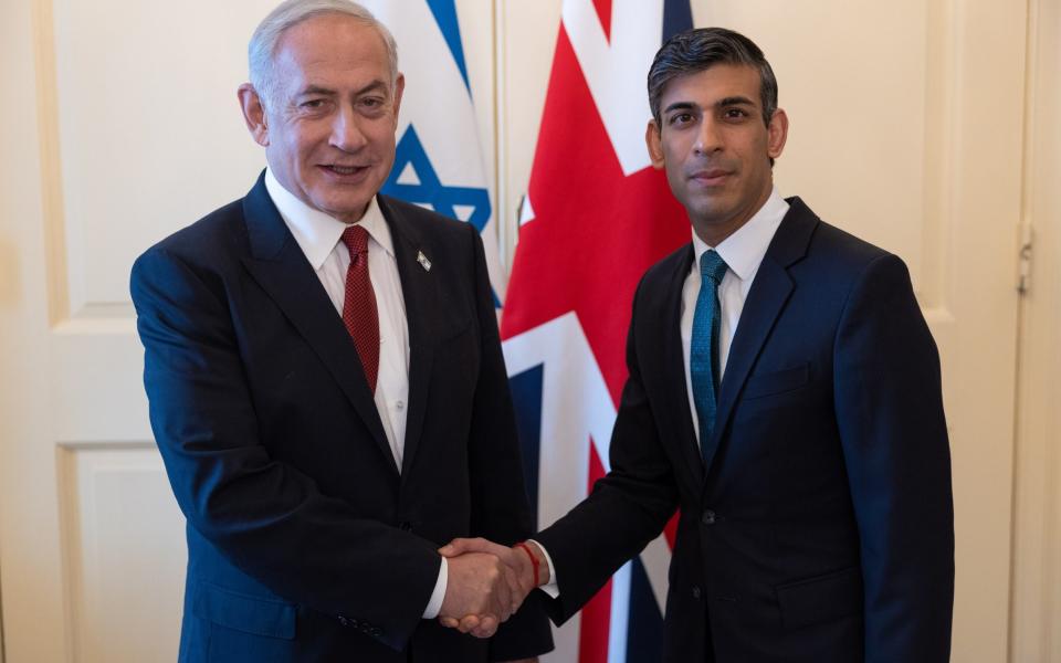 Rishi Sunak and Benjamin Netanyahu shake hands in 10 Downing Street today - Simon Walker/No10 Downing Street 