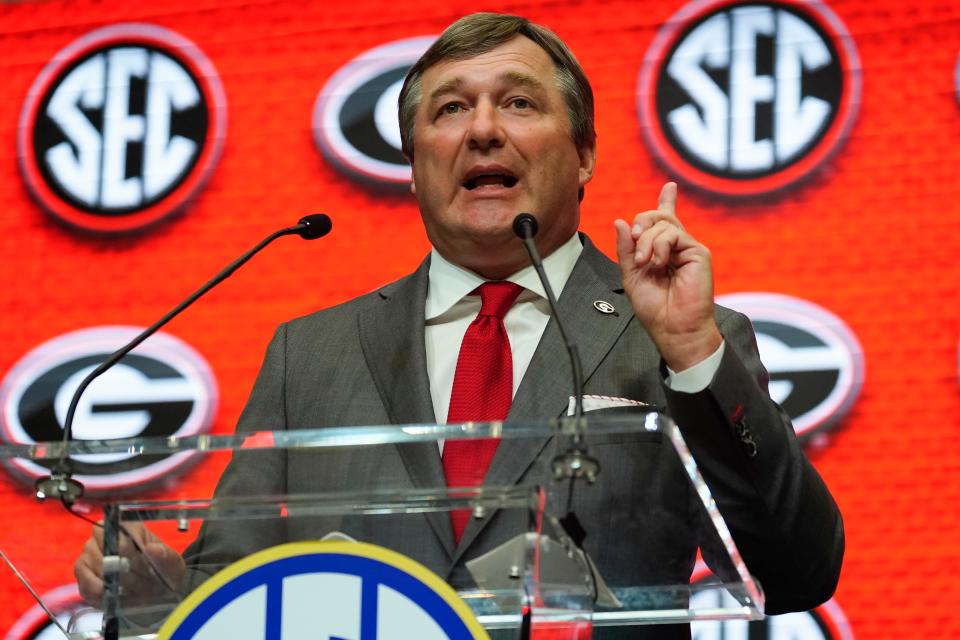 Georgia coach Kirby Smart speaks during Southeastern Conference Media Days, Wednesday, July 20, 2022, in Atlanta.