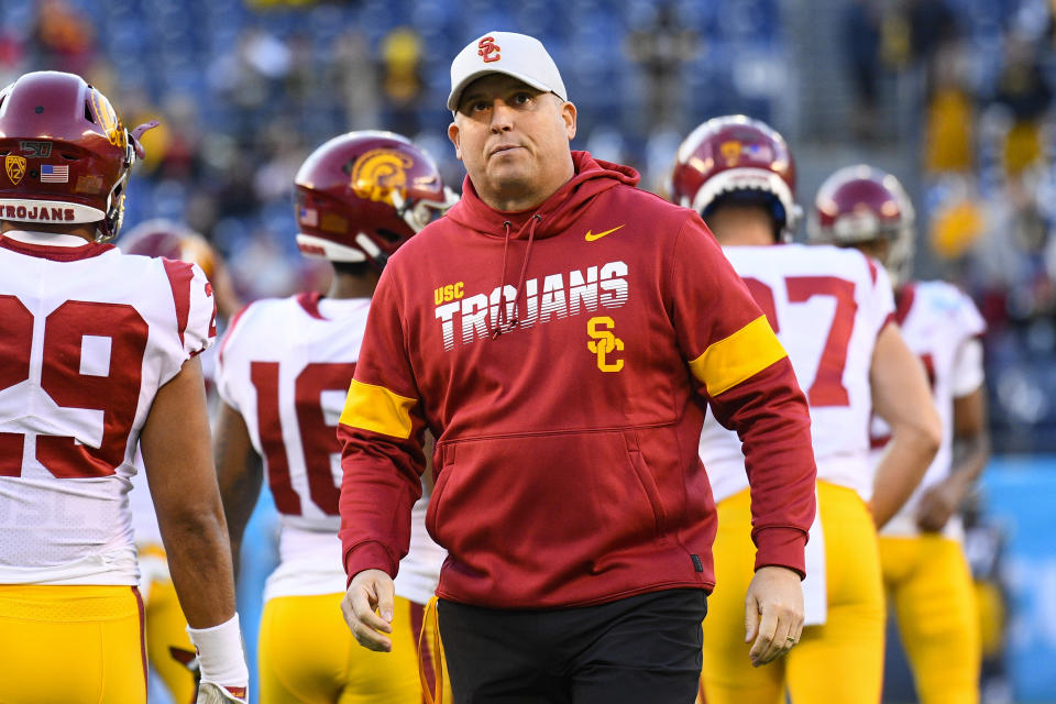 SAN DIEGO, CA - DECEMBER 27: USC Trojans head coach Clay Helton looks on before the San Diego County Credit Union Holiday Bowl football game between the USC Trojans and the Iowa Hawkeyes on December 27, 2019 at SDCCU Stadium in San Diego, California. (Photo by Brian Rothmuller/Icon Sportswire via Getty Images)