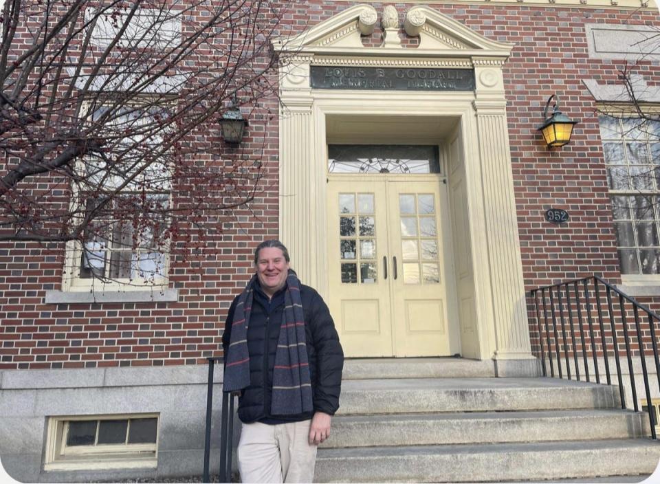 Goodall Library Director Chip Schrader said he is excited that $3 million in federal funding has been awarded to the library for its upcoming expansion project. He is seen here on the library's front steps on Wednesday, Jan. 11, 2023.