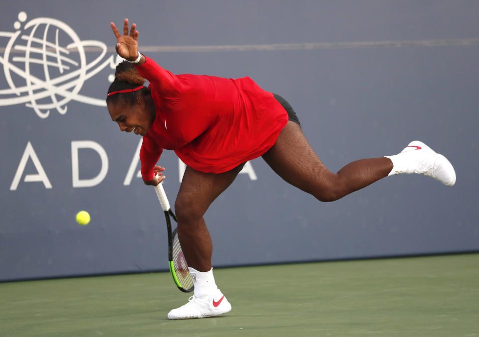 Serena Williams, of the United States, reacts after missing a shot from Johanna Konta, of Britain, during the Mubadala Silicon Valley Classic tennis tournament in San Jose, Calif., Tuesday, July 31, 2018. Konta won 6-1, 6-0. (AP Photo/Tony Avelar)