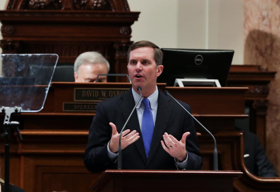 Gov. Andy Beshear delivered the State of the Commonwealth address in the House chamber inside the State Capitol in Frankfort, Ky. on Jan. 4, 2023.  