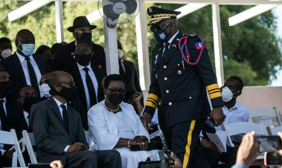 <div class="inline-image__caption"><p>Haitian National Police chief Leon Charles attends the funeral of slain President Jovenel Moïse.</p></div> <div class="inline-image__credit">VALERIE BAERISWYL/AFP via Getty Images</div>
