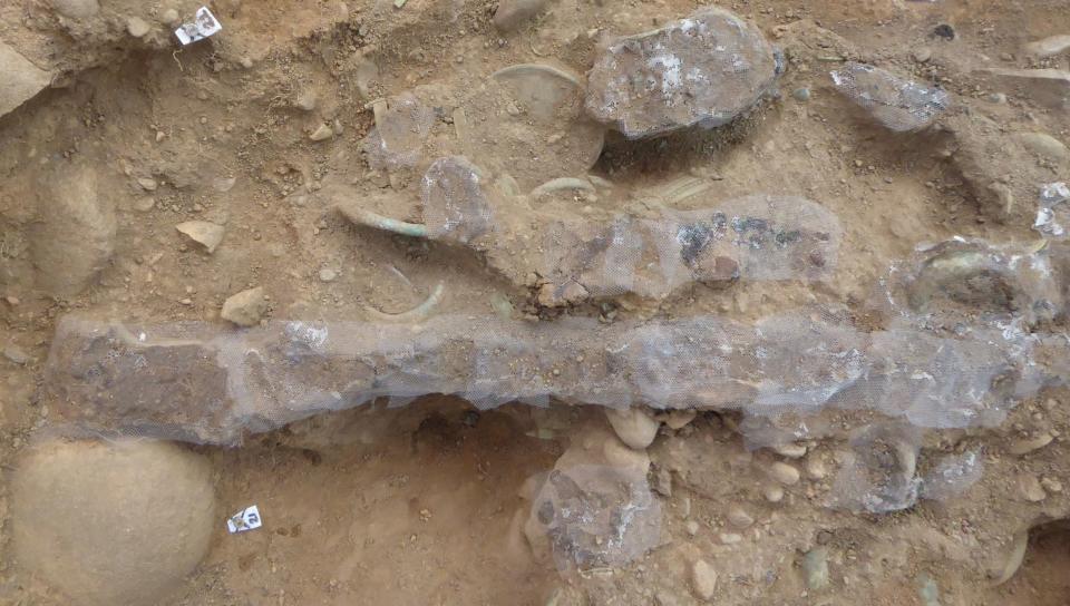 Archaeologists found a sword still in its scabbard during their excavation (PA)