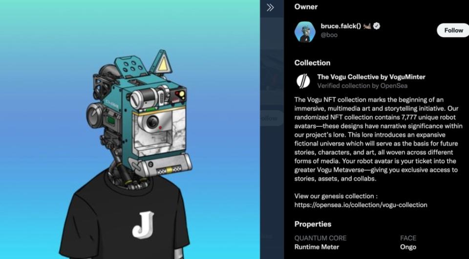 A Twitter user’s NFT profile picture is set to a robot avatar by VoguMinter. (Twitter)