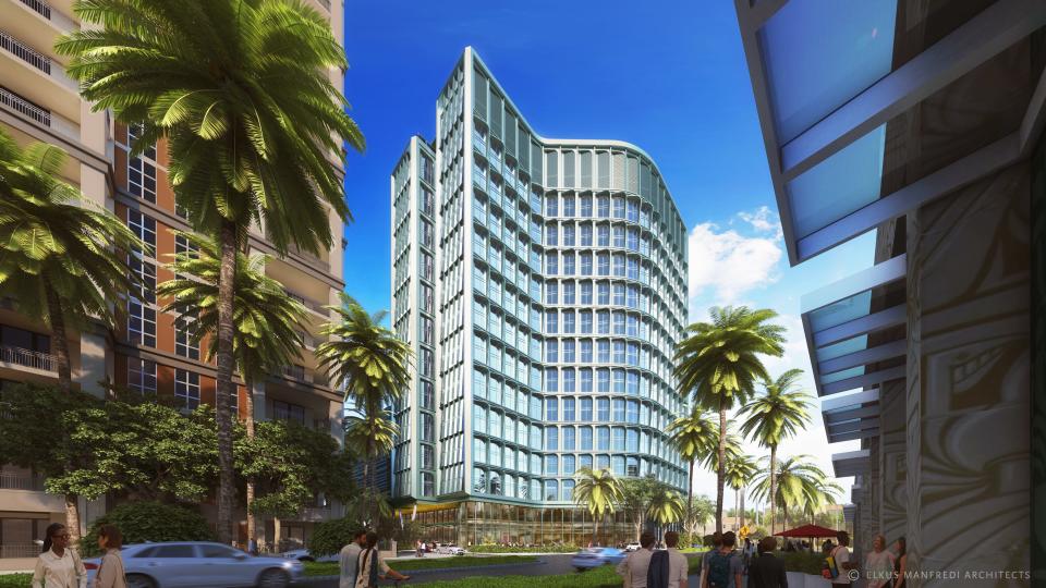 Rendering of Related Co.'s proposed new, 400-room Hilton Hotel at the Palm Beach County Convention Center in West Palm Beach.