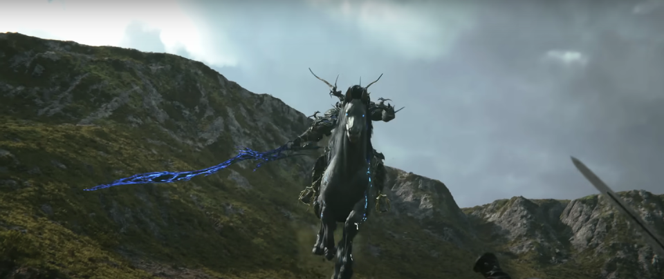 final fantasy xvi odin riding on a horse toward the camera with big sword in hand