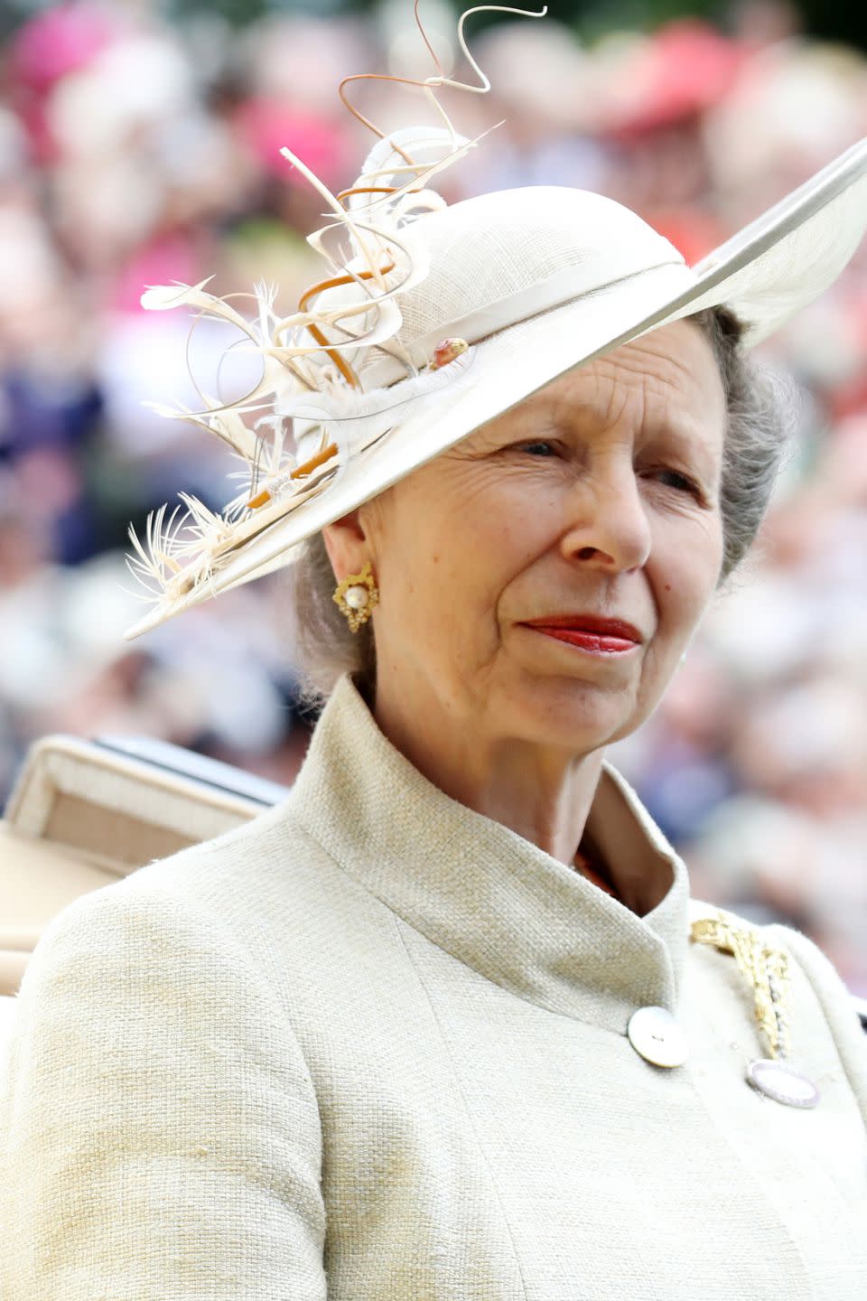 <p>Princess Anne opted for a traditional cream jacket and matching hat.</p>