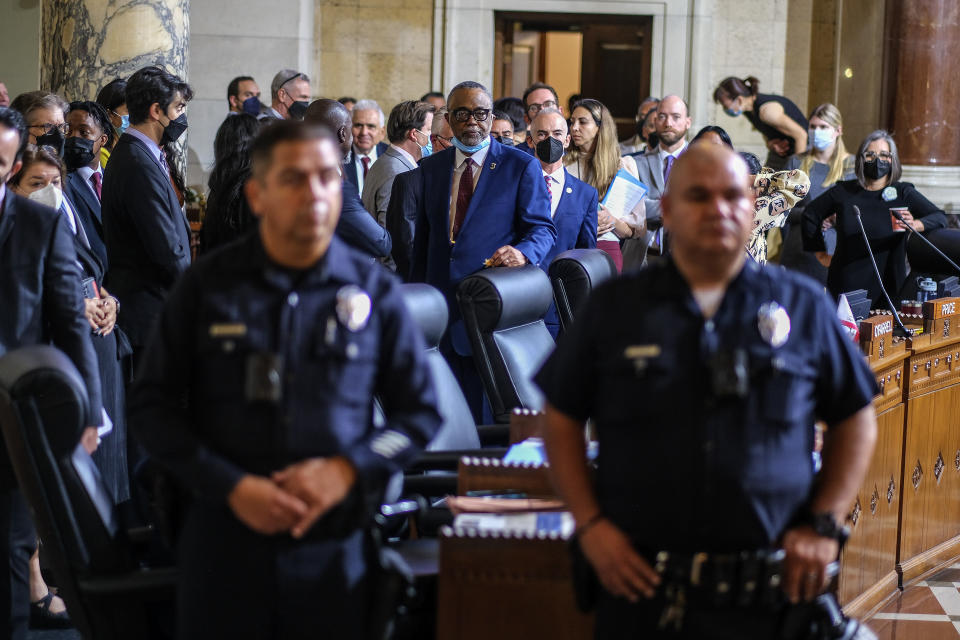 FILE - Los Angeles City Council members wait to start a Los Angeles City Council meeting on Oct. 12, 2022, in Los Angeles. According to a Tuesday, Nov. 29 statement, Los Angeles police have sought a search warrant for the Reddit website as they try to identify the person who leaked a racist discussion between Los Angeles City Council members and a powerful labor leader, causing a scandal that has rocked the community and shaken faith in its lawmakers. (AP Photo/Ringo H.W. Chiu, File)