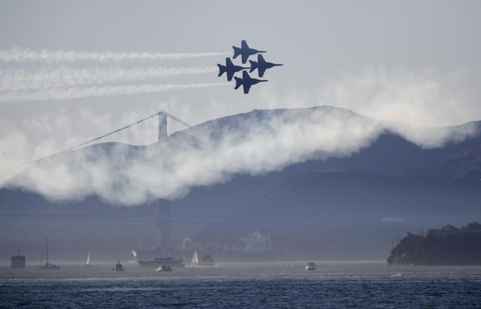 The U.S. Navy Blue Angels practice in this view from Treasure Island in San Francisco, Calif., on Thursday, Oct. 5, 2023.